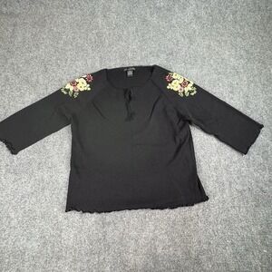 Vintage Y2K Maurice Sasson Sweater Womens XL Black Floral Embroidered Whimsigoth